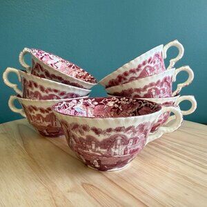 7 Vintage Masons Vista Red Ironstone Tea Cups England Collectible Set